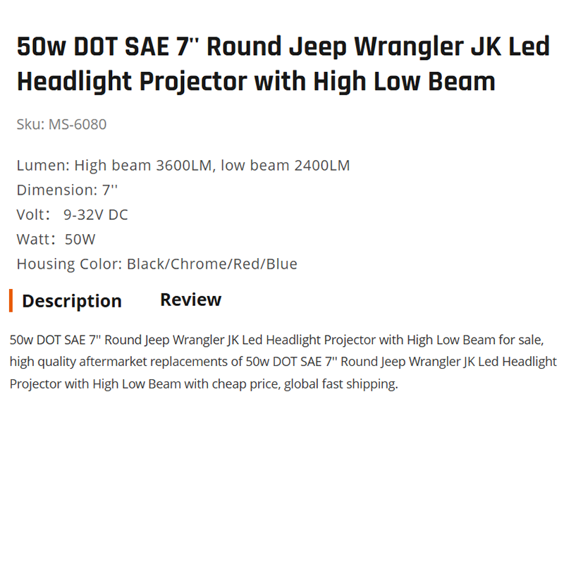 50w DOT SAE 7'' Round Jeep Wrangler JK Led Headlight Projector with High Low Beam
