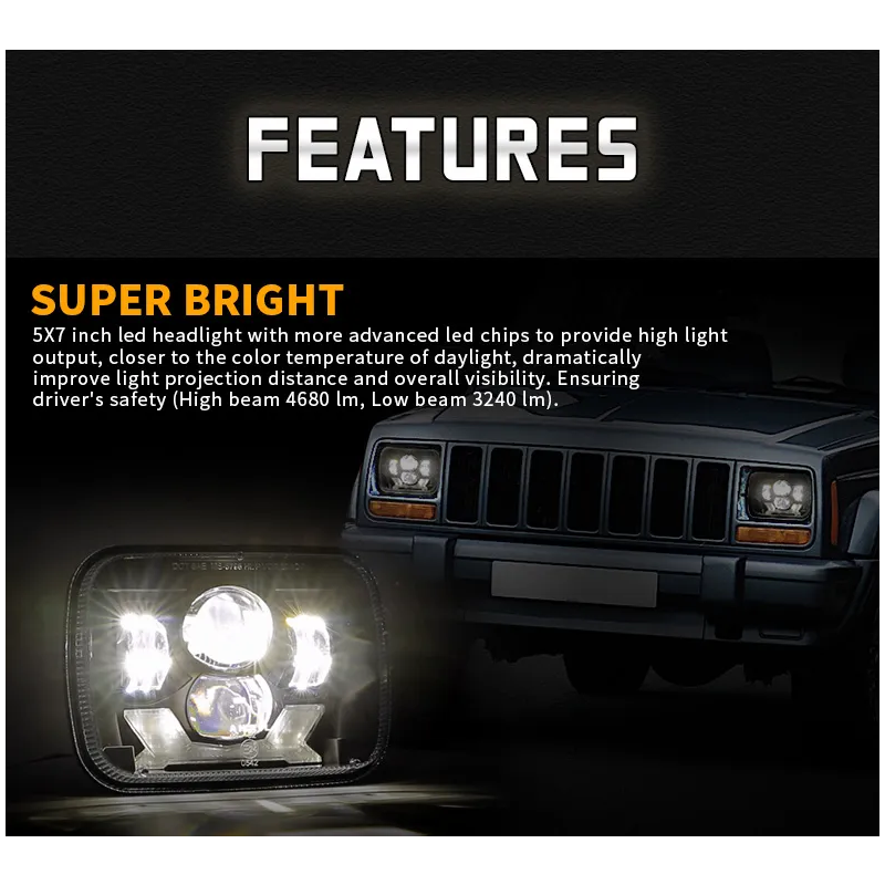 5x7 Lights Rectangular Right Hand Drive Jeep Cherokee Led Headlights RHD American Cars Jeep Wrangler Headlights