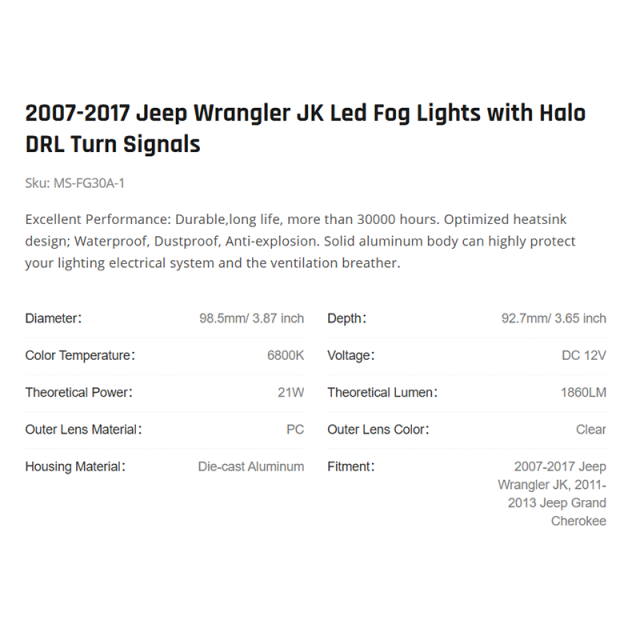 2007-2017 Jeep Wrangler JK Led Fog Lights with Halo DRL Turn Signals