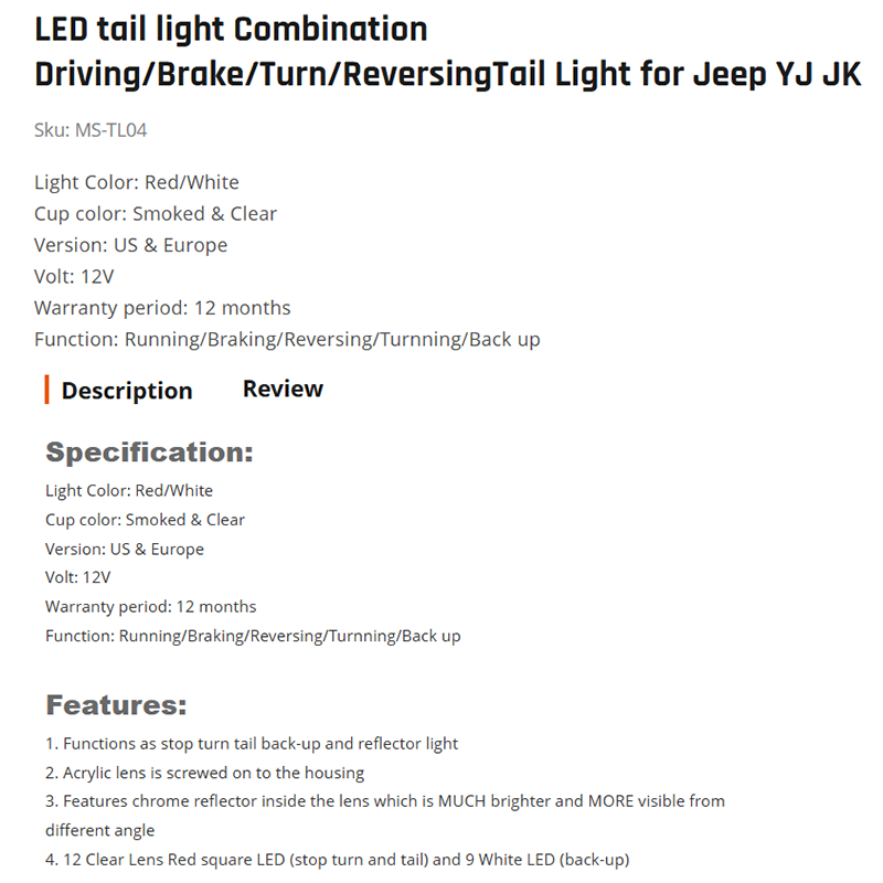 LED tail light Combination Driving/Brake/Turn/ReversingTail Light for Jeep YJ JK