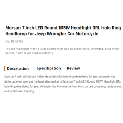 Morsun 7 Inch LED Round 105W Headlight DRL halo Ring Headlamp for Jeep Wrangler Car Motorcycle