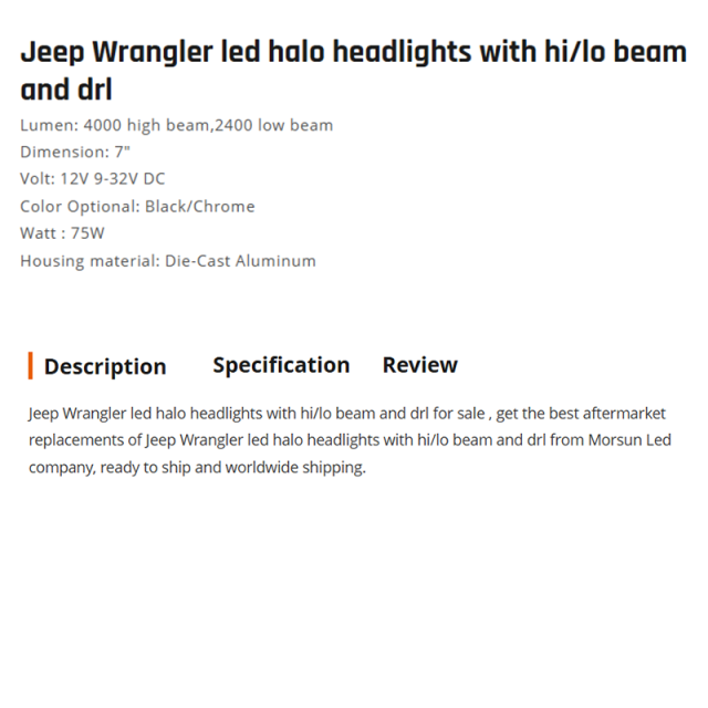 Jeep Wrangler led halo headlights with hi/lo beam and drl