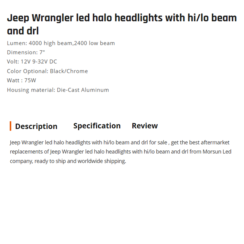 Jeep Wrangler led halo headlights with hi/lo beam and drl