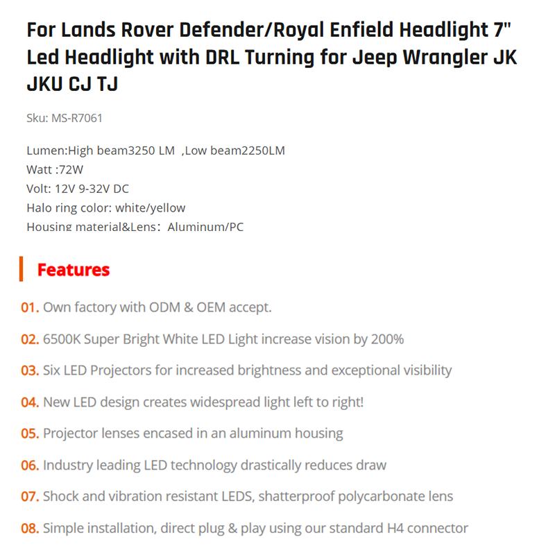 For Lands Rover Defender/Royal Enfield Headlight 7" Led Headlight with DRL Turning for Jeep Wrangler JK JKU CJ TJ