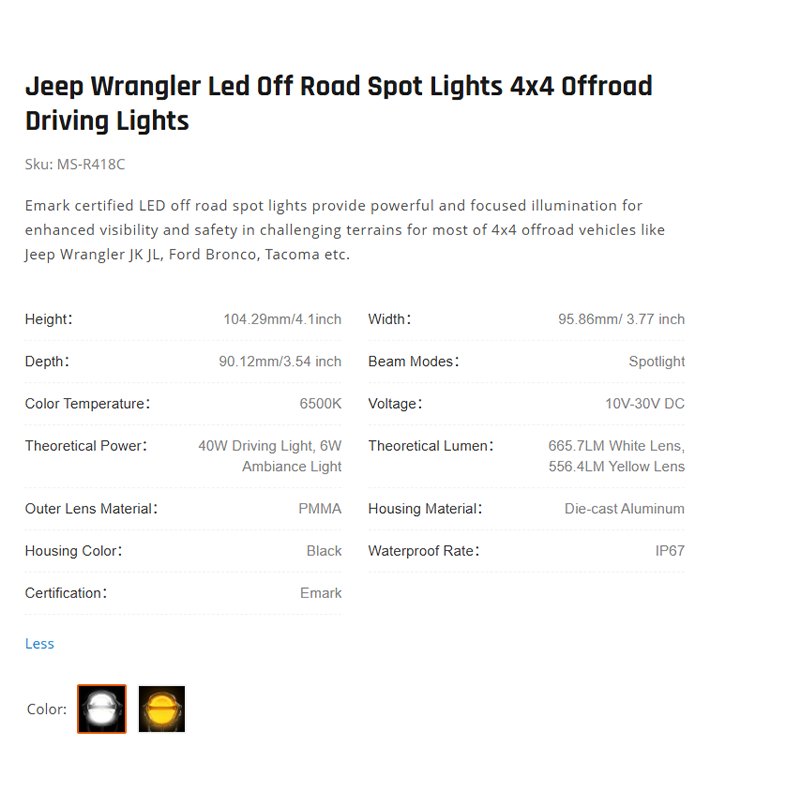 Jeep Wrangler Led Off Road Spot Lights 4x4 Offroad Driving Lights