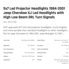 5x7 Led Projector Headlights 1984-2001 Jeep Cherokee XJ Led Headlights with High Low Beam DRL Turn Signals