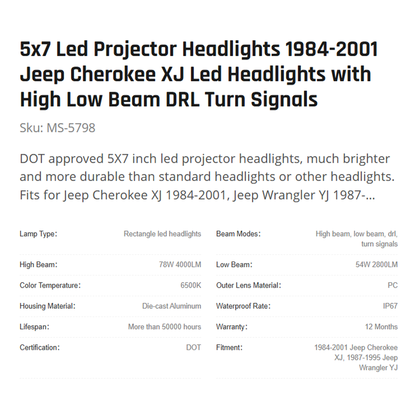 5x7 Led Projector Headlights 1984-2001 Jeep Cherokee XJ Led Headlights with High Low Beam DRL Turn Signals