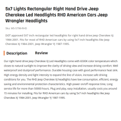 5x7 Lights Rectangular Right Hand Drive Jeep Cherokee Led Headlights RHD American Cars Jeep Wrangler Headlights