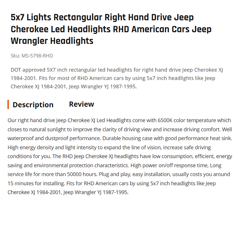 5x7 Lights Rectangular Right Hand Drive Jeep Cherokee Led Headlights RHD American Cars Jeep Wrangler Headlights