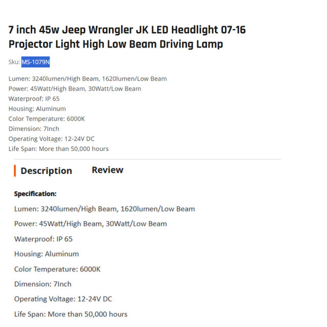7 inch 45w Jeep Wrangler JK LED Headlight 07-16 Projector Light High Low Beam Driving Lamp