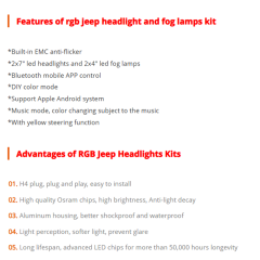 7" rgb jeep headlight and fog lamps kit for 2007-2016 Jeep Wrangler jk/jk unlimited bluetooth app control rgb led headlight conversion kit