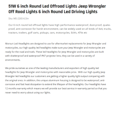 51W 6 inch Round Led Offroad Lights Jeep Wrangler Off Road Lights 6 inch Round Led Driving Lights