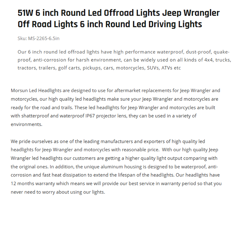 51W 6 inch Round Led Offroad Lights Jeep Wrangler Off Road Lights 6 inch Round Led Driving Lights