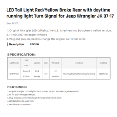 LED Tail Light Red/Yellow Brake Rear with daytime running light Turn Signal for Jeep Wrangler JK 07-17