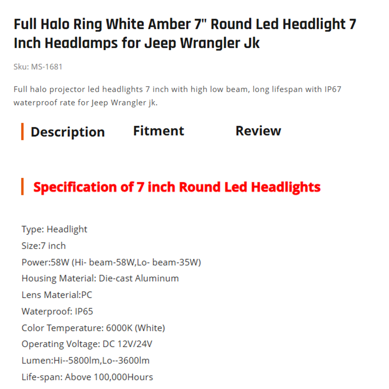 Full Halo Ring White Amber 7" Round Led Headlight 7 Inch Headlamps for Jeep Wrangler Jk