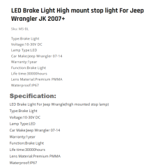 LED Brake Light High mount stop light For Jeep Wrangler JK 2007+