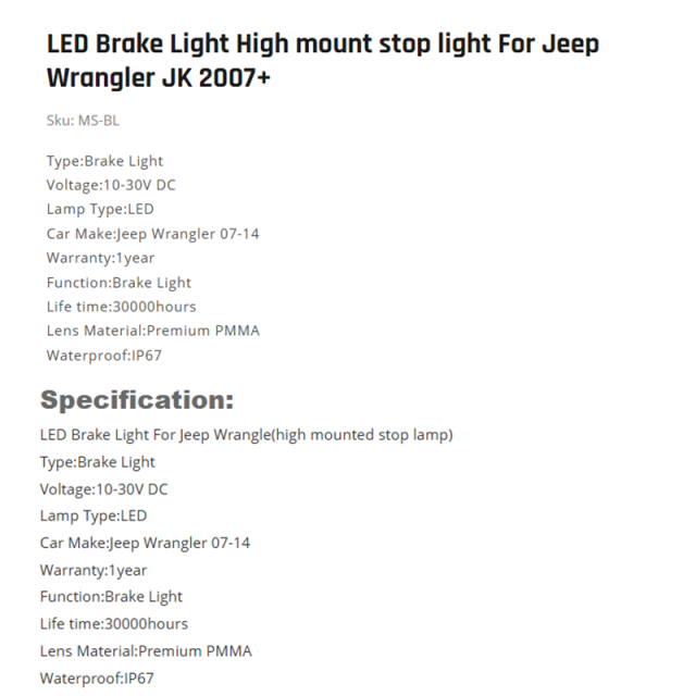 LED Brake Light High mount stop light For Jeep Wrangler JK 2007+