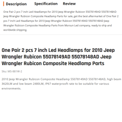 One Pair 2 pcs 7 inch Led Headlamps for 2010 Jeep Wrangler Rubicon 55078149AD 55078148AD Jeep Wrangler Rubicon Composite Headlamp Parts
