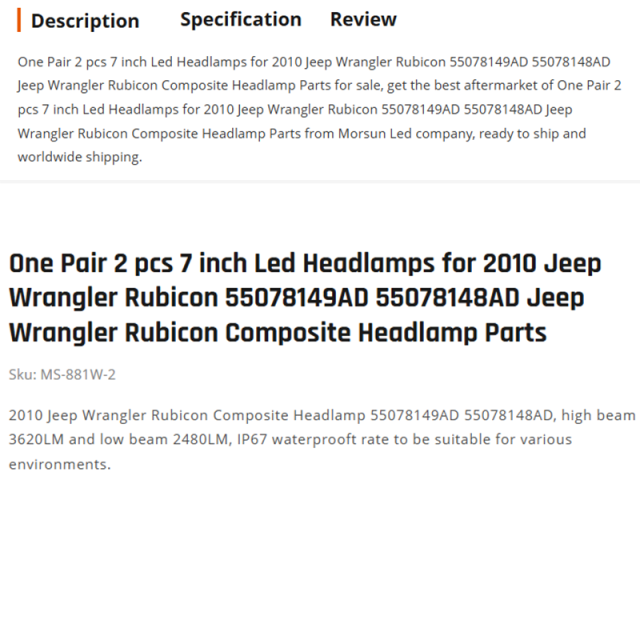 One Pair 2 pcs 7 inch Led Headlamps for 2010 Jeep Wrangler Rubicon 55078149AD 55078148AD Jeep Wrangler Rubicon Composite Headlamp Parts