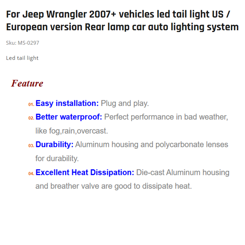 For Jeep Wrangler 2007+ vehicles led tail light US / European version Rear lamp car auto lighting system