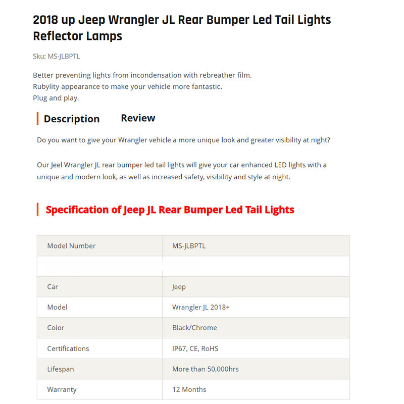 2018 up Jeep Wrangler JL Rear Bumper Led Tail Lights Reflector Lamps