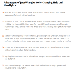 2018-2023 Jeep JL RGB Halo Headlights Bluetooth App Control Jeep Wrangler Color Changing Halo Led Headlights