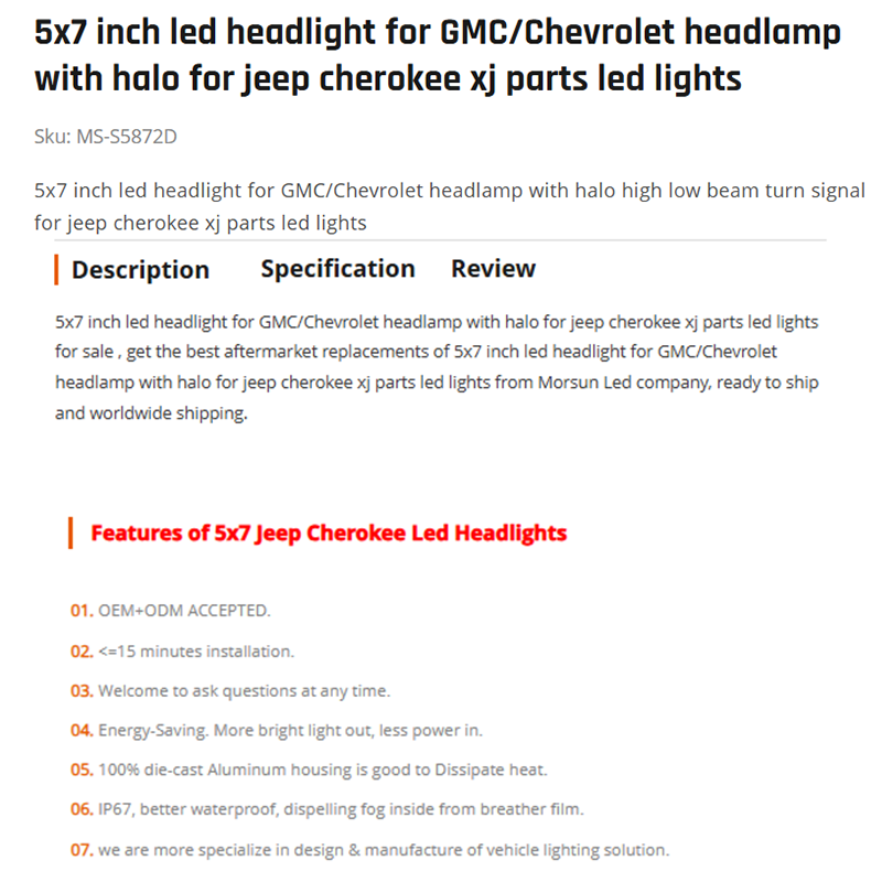 5x7 inch led headlight for GMC/Chevrolet headlamp with halo for jeep cherokee xj parts led lights
