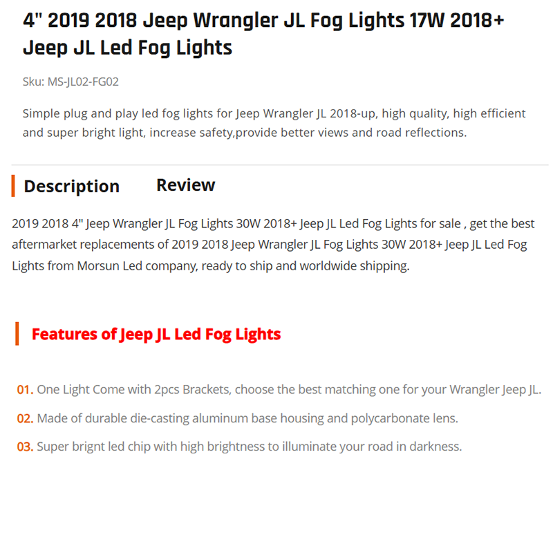 4" 2019 2018 Jeep Wrangler JL Fog Lights 17W 2018+ Jeep JL Led Fog Lights