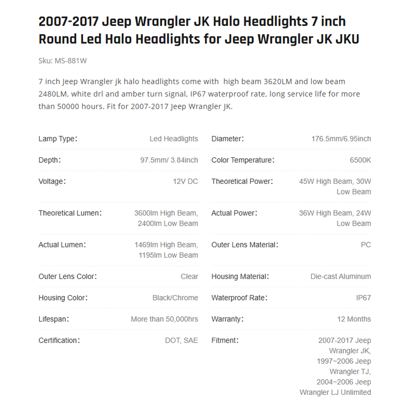 2007-2017 Jeep Wrangler JK Halo Headlights 7 inch Round Led Halo Headlights for Jeep Wrangler JK JKU