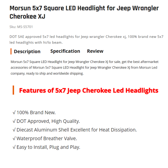 Morsun 5x7 Square LED Headlight for Jeep Wrangler Cherokee XJ