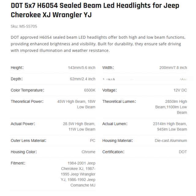 DOT 5x7 H6054 Sealed Beam Led Headlights for Jeep Cherokee XJ Wrangler YJ