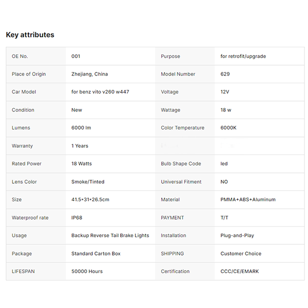 Rear Lamp Modified Led Tail Light for Mercedes Benz Vito V260 W447 12V IP68 Standard Carton Box Mercedes-benz 001