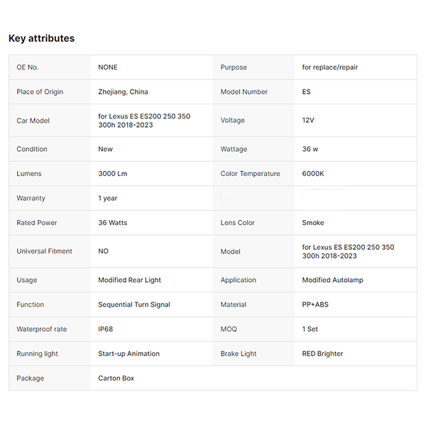 For Lexus ES ES200 250 350 300h 2018-2023 Through Taillight Taillamp LED Led Tail Lights Auto Accessories Spoiler Lamp