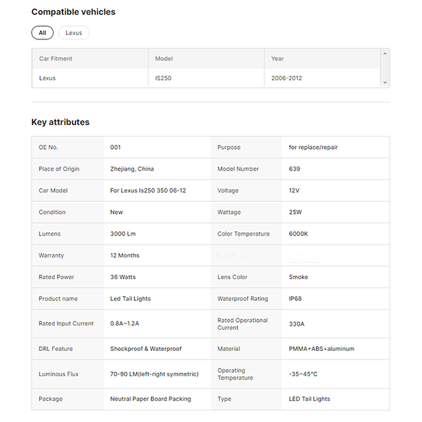Tail Lamp for Lexus IS250 IS300 2006-2012 RGB Taillight Assembly