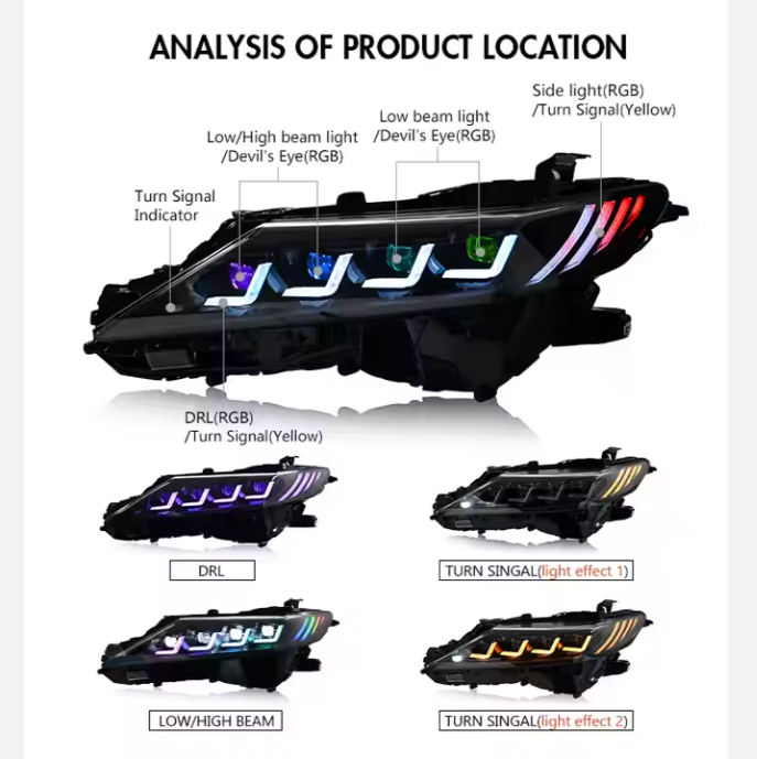RGB Style Led Headlight for Toyota Camry 2018-2023 Sedan Head Lamp APP Control Quad Beam Front Light