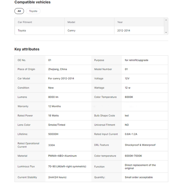 LED Tail Lights with DRL Sequential Turn Light Smoke Car Rear Lamp for Toyota Camry 2012-2014 New Condition No reviews yet