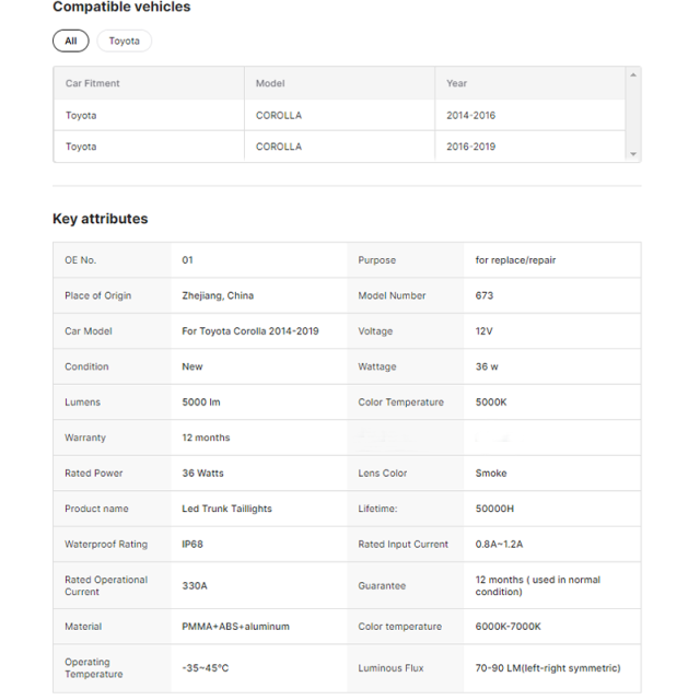 LED Tail Lights for Toyota Corolla 2014-2019 11TH GEN Sedan E210 Car Rear Lamp Assembly