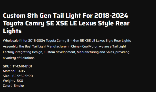 Custom 8th Gen Tail Light For 2018-2024 Toyota Camry SE XSE LE Lexus Style Rear Lights