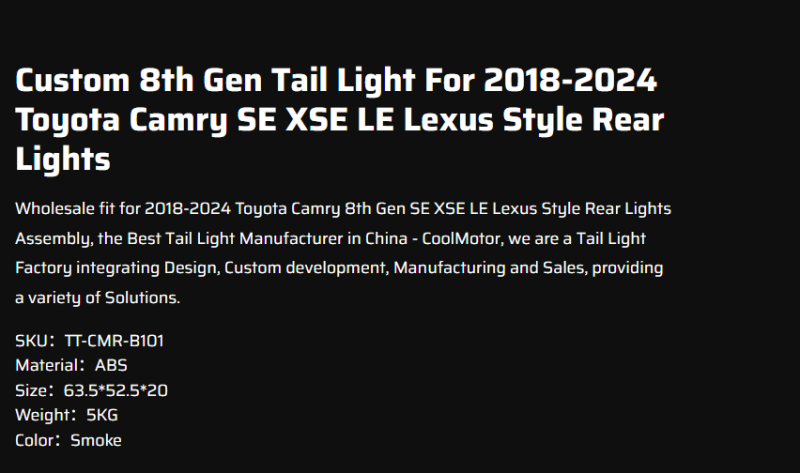 Custom 8th Gen Tail Light For 2018-2024 Toyota Camry SE XSE LE Lexus Style Rear Lights