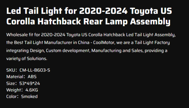 Led Tail Light for 2020-2024 Toyota US Corolla Hatchback Rear Lamp Assembly