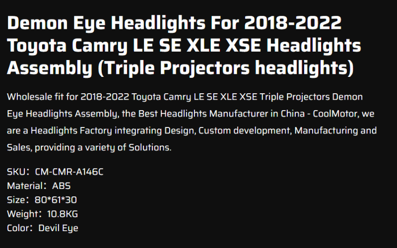 Demon Eye Headlights For 2018-2022 Toyota Camry LE SE XLE XSE Headlights Assembly (Triple Projectors headlights)