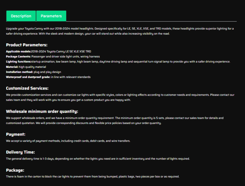 New Led Headlight For 2018-2024 Toyota Camry LE SE XLE XSE TRD (Audi Model)