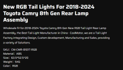New RGB Tail Lights For 2018-2024 Toyota Camry 8th Gen Rear Lamp Assembly