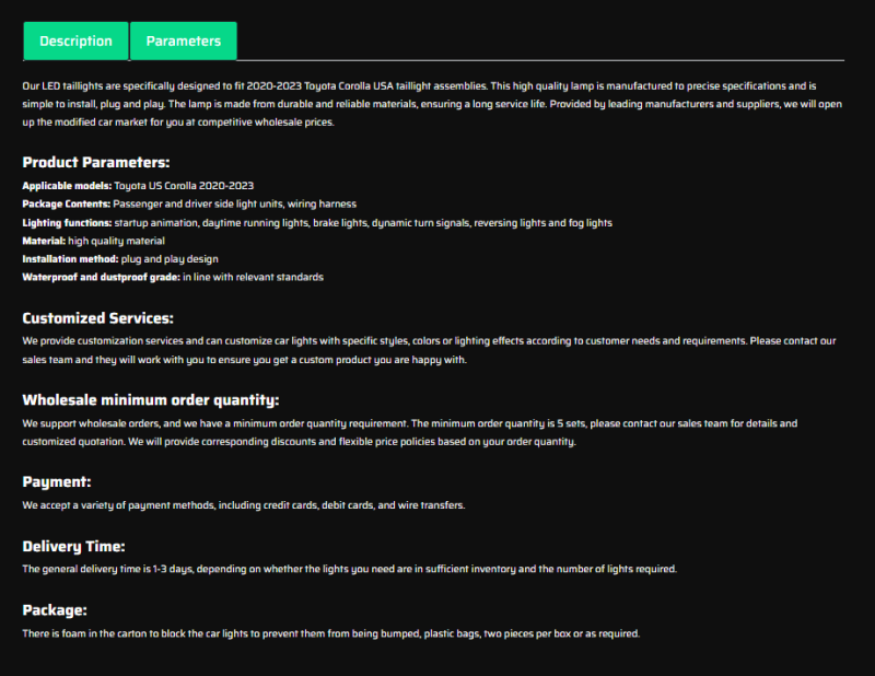 Led Tail Light for 2020-2023 Toyota Corolla tail light Assembly