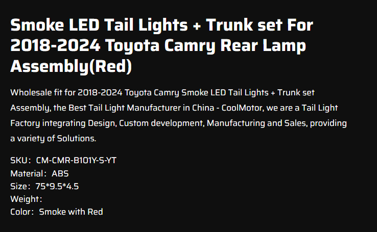 Smoke LED Tail Lights + Trunk set For 2018-2024 Toyota Camry Rear Lamp Assembly(Red)