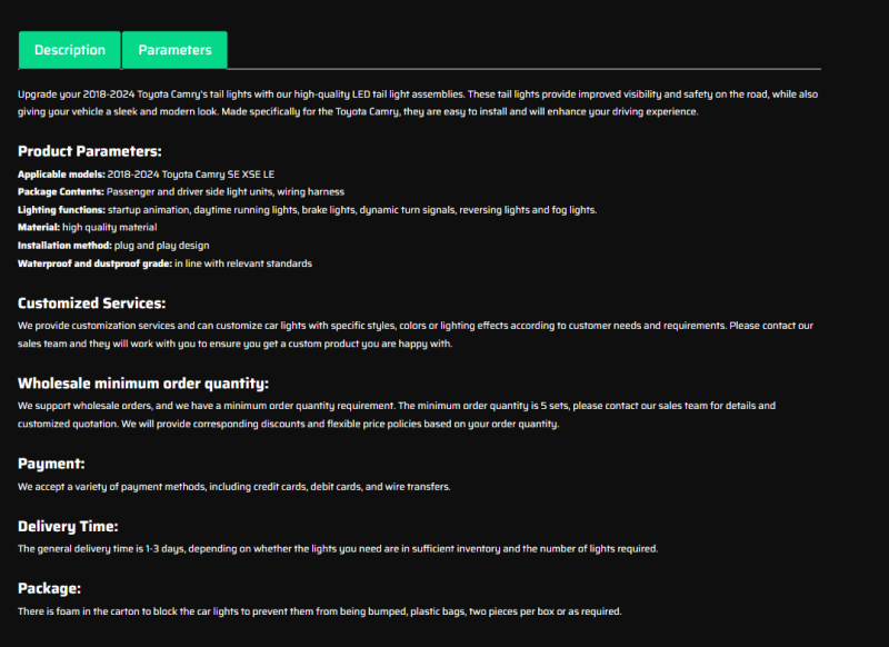 Led Tail Lights For 2018-2024 Toyota Camry Tail Light Assembly