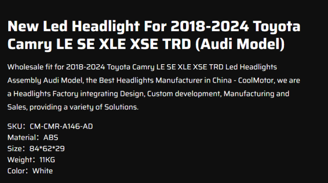 New Led Headlight For 2018-2024 Toyota Camry LE SE XLE XSE TRD (Audi Model)