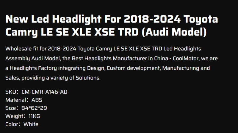 New Led Headlight For 2018-2024 Toyota Camry LE SE XLE XSE TRD (Audi Model)