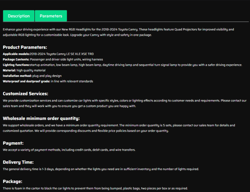 New RGB Headlights For 2018-2024 Toyota Camry LE SE XLE XSE TRD (Quad Projectors Headlights)