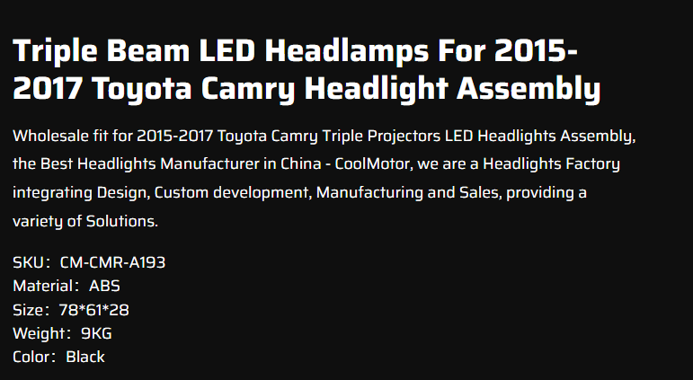 Triple Beam LED Headlamps For 2015-2017 Toyota Camry Headlight Assembly